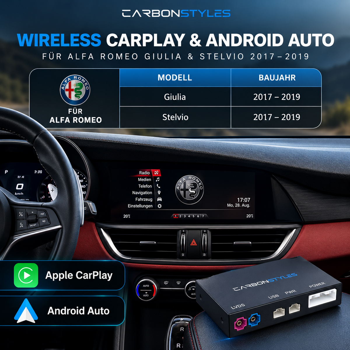 Apple CarPlay & Android Auto für Alfa Romeo Giulia/Stelvio (Nachrüstung)