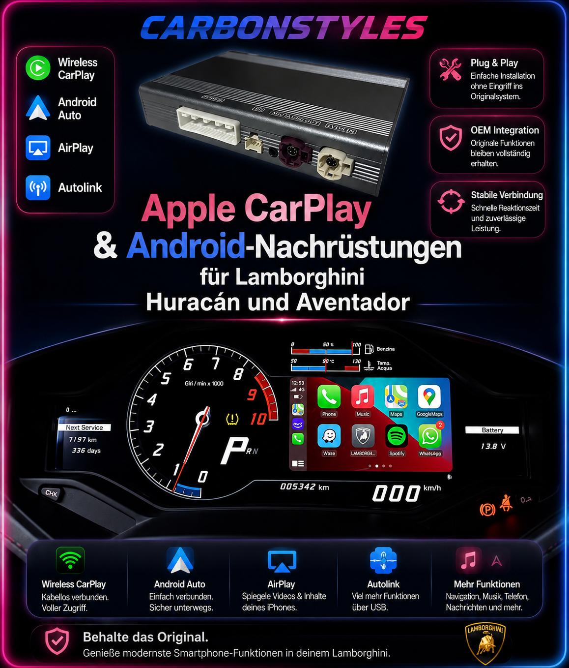 Apple CarPlay & Android Auto für Lamborghini Huracán & Aventador – Nachrüstmodul