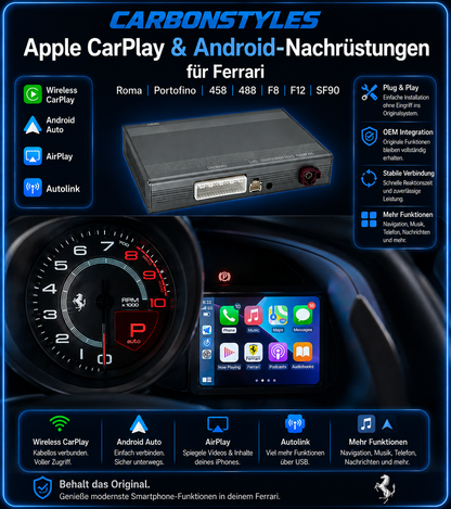 Apple CarPlay & Android Auto für Ferrari Roma, Portofino, 458, 488, F8 & F12 – Nachrüstmodul