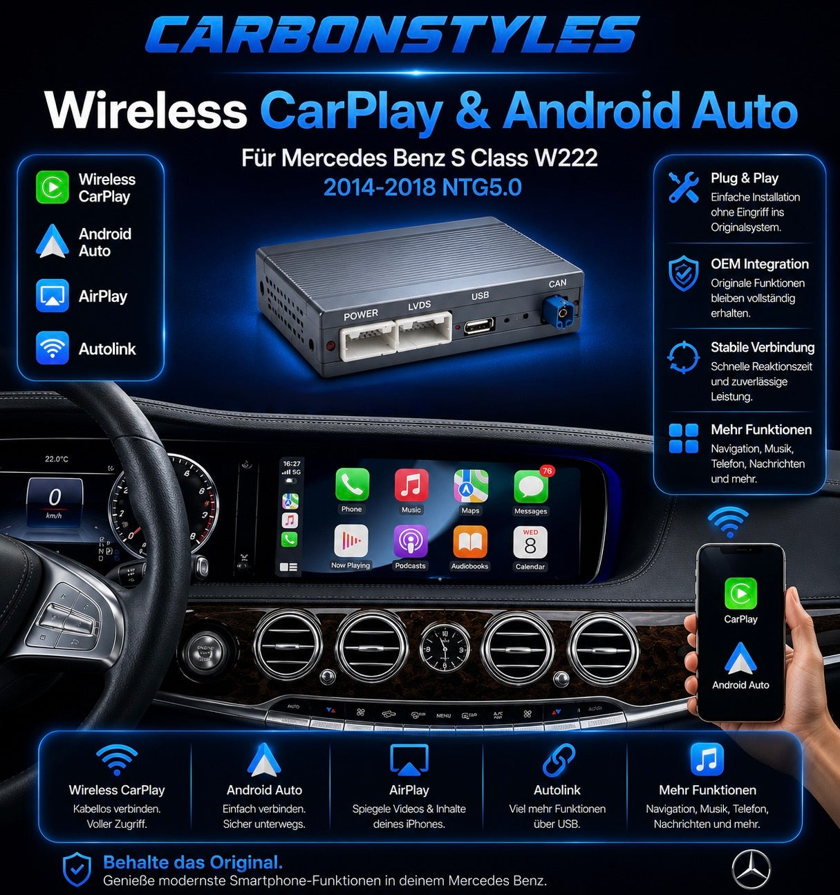 Apple Carplay & Android Auto Modul für Mercedes S-Klasse W222