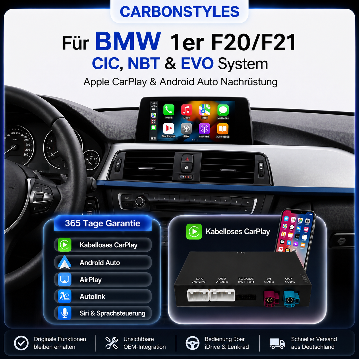 Apple CarPlay & Android für BMW F20/F21 - CIC, NBT & EVO (Nachrüstung)