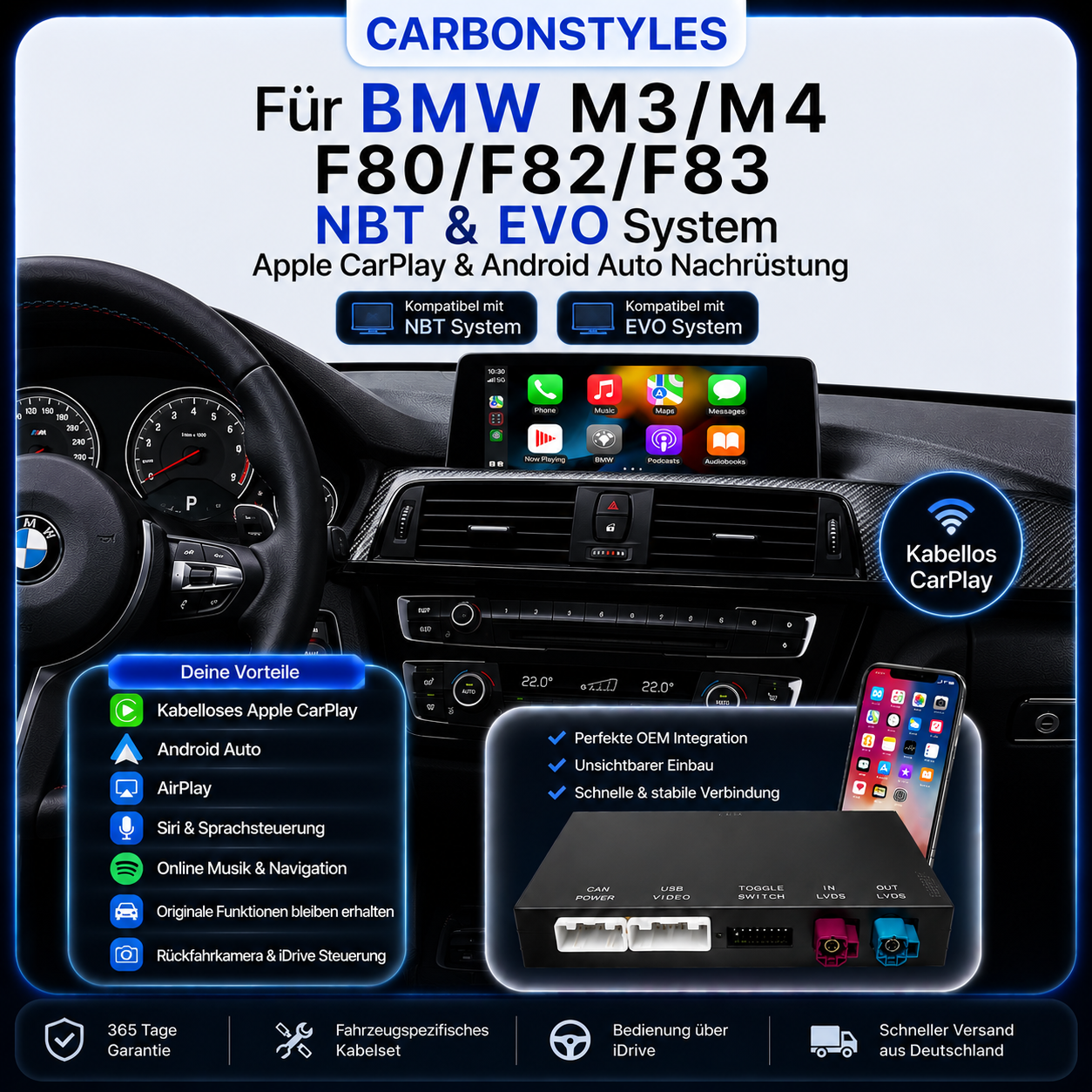 Apple CarPlay & Android Auto für BMW M3 F80 & M4 F82/F83 - NBT & EVO (Nachrüstung)