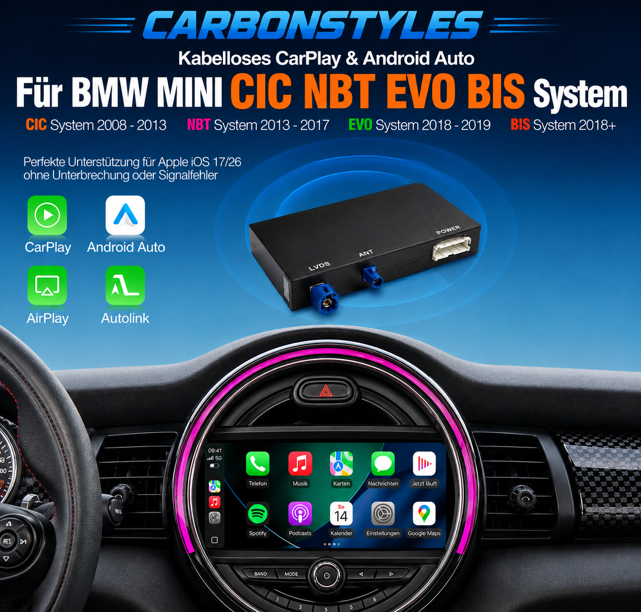Apple Carplay & Android Auto Modul für Mini F55 F56 F54 F57 F60 (Nachrüstung)