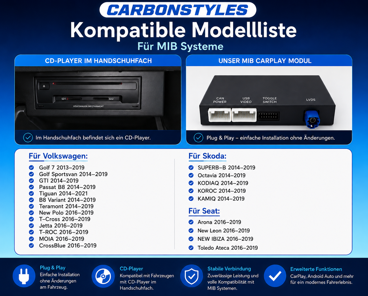 Apple CarPlay & Android Auto Modul für VW Golf/Passat/T-Roc/Tiguan